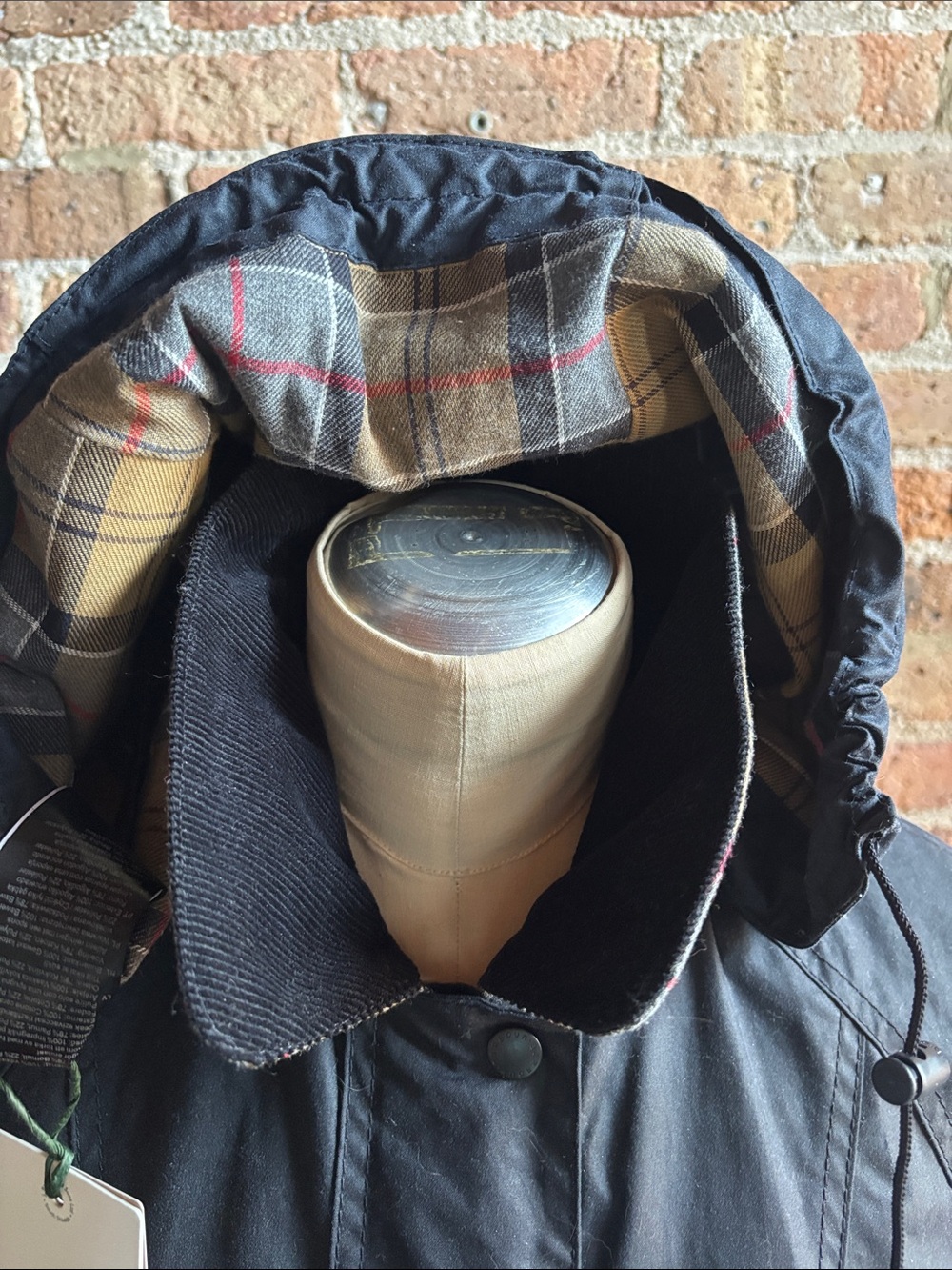 Barbour Navy Hooded Wax Jacket with Tartan Trim - Picture 2 of 6